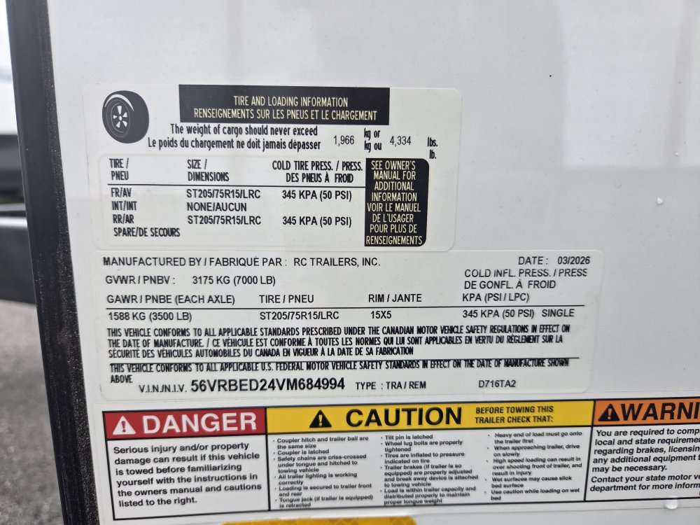 7'x16' RC Trailers Enclosed Cargo D716TA2 84"
